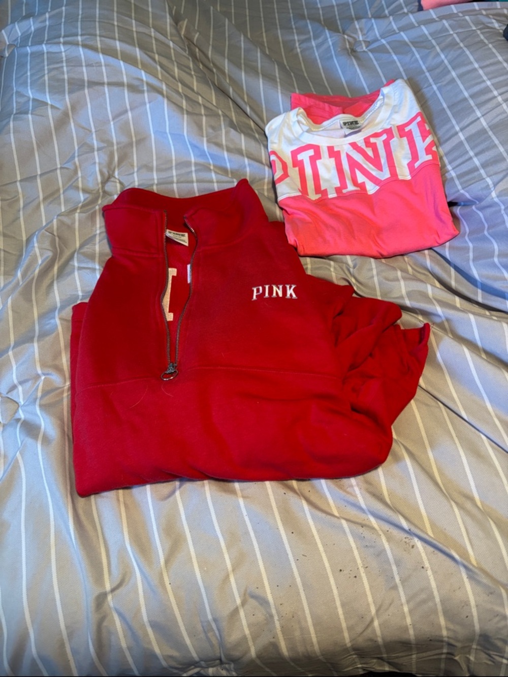 PINK Red Half-Zip Pullover with Pink and White Tee